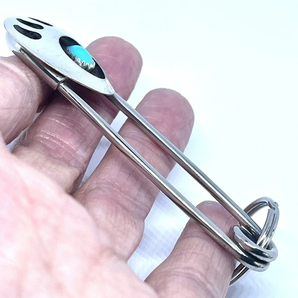 Giant Safety Pin Keyring Navajo Bear Paw Print Turquoise Keychain 4in Mens Gift